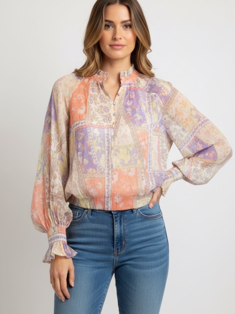 FATE Patchwork Floral Print Smocked Cuff Boho Blouse - NWOT